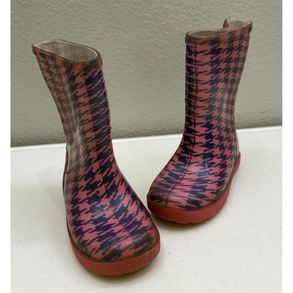 Girls Rain Boots Size 6 Pink Black Houndstooth Rubber Shoes